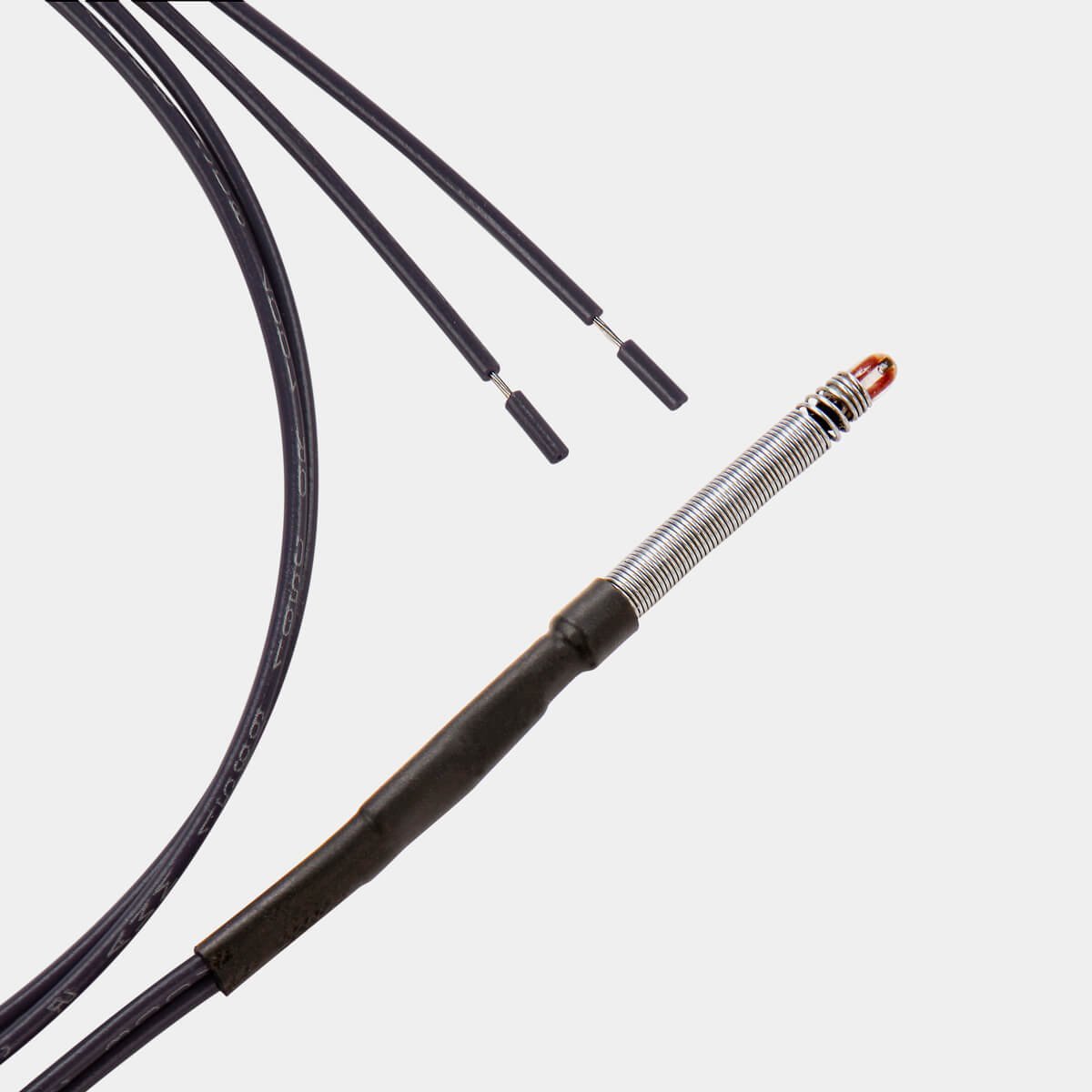assembled 300C glass bead thermistor with strain relief spring for the original pico 3D printer hot end. Black wires.
